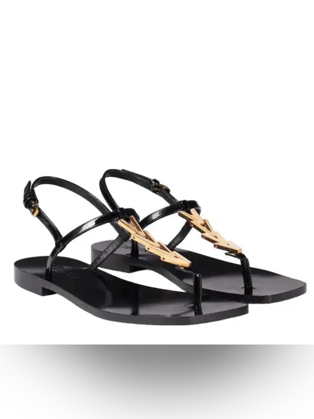Versace V-Chain Patent Leather Thong Sandals Black Gold Accent Sz US 6.5 NIB